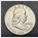 Two 1950 Benjamin Franklin Half Dollars - 90% Silver, Denver (D) Mint Mark