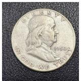 Two 1950 Benjamin Franklin Half Dollars - 90% Silver, Denver (D) Mint Mark