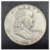 Two 1950 Benjamin Franklin Half Dollars - 90% Silver, Denver (D) Mint Mark