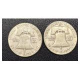 Two 1950 Benjamin Franklin Half Dollars - 90% Silver, Denver (D) Mint Mark