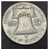 Two 1950 Benjamin Franklin Half Dollars - 90% Silver, Denver (D) Mint Mark