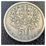 Portugal Coins - Republica Portuguesa Bust, 1943 Caravel Ship- 50 Centavos