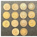 Indian Head Cents - 14 Circulated Coins, Dates Vary (1897-1908)