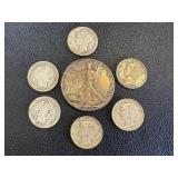 1944 Walking Half Dollar, Barber Dimes (2) & Mercury Dimes (4) - Circulated