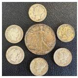 1944 Walking Half Dollar, Barber Dimes (2) & Mercury Dimes (4) - Circulated
