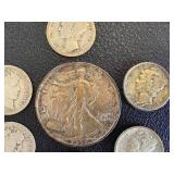 1944 Walking Half Dollar, Barber Dimes (2) & Mercury Dimes (4) - Circulated