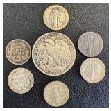 1944 Walking Half Dollar, Barber Dimes (2) & Mercury Dimes (4) - Circulated
