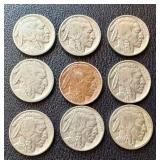 Buffalo Nickels (Lot of 9) - Circulated, Dates Vary (1935-1937)