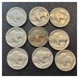 Buffalo Nickels (Lot of 9) - Circulated, Dates Vary (1935-1937)