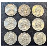 Washington Quarters - 9 Circulated Coins (Dates 1942, 1962, 1964)