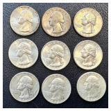 Washington Quarters - 9 Circulated Coins (Dates 1942, 1962, 1964)