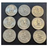 Washington Quarters - 9 Circulated Coins (Dates 1942, 1962, 1964)