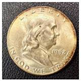 1952 Franklin Half Dollar Coin - Benjamin Franklin Portrait, United States Mint