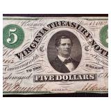 Antique Virginia Treasury Note - Five Dollars, March 13, 1862