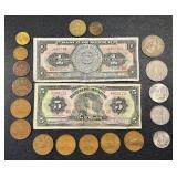 Banco de Mexico 5 Peso Banknotes & 20 Centavos Coins (Mexico 1960s-70s)