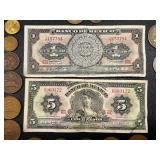 Banco de Mexico 5 Peso Banknotes & 20 Centavos Coins (Mexico 1960s-70s)