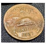 Banco de Mexico 5 Peso Banknotes & 20 Centavos Coins (Mexico 1960s-70s)