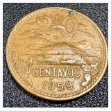 Banco de Mexico 5 Peso Banknotes & 20 Centavos Coins (Mexico 1960s-70s)