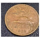 Banco de Mexico 5 Peso Banknotes & 20 Centavos Coins (Mexico 1960s-70s)