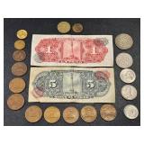Banco de Mexico 5 Peso Banknotes & 20 Centavos Coins (Mexico 1960s-70s)