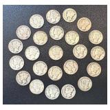Mercury Dimes - 24 Circulated, Mixed Years (1920s-1940s)