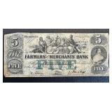 Farmers and Merchants Bank of Memphis Banknote - $5 May 1854 (Antique Tennessee)