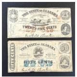 Confederate States Treasury Notes 25c & 50c (Lot of 2) Alabama 1863 2nd Series
