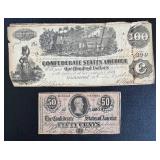 Confederate States of America $100 Note Richmond 1864 & 50 Cents Note Richmond 1864 (Lot of 2)