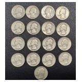 Washington Quarters 1934-1950 Set of 17 - Circulated, Sequential Dates