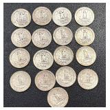 Washington Quarters 1934-1950 Set of 17 - Circulated, Sequential Dates