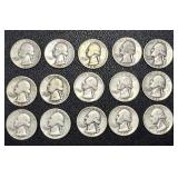 Washington Quarters - 15 Coins, 1941-1949 (No 1944; 1945 duplicates)