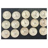 Washington Quarters - 15 Coins, 1941-1949 (No 1944; 1945 duplicates)