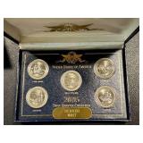 2005 State Quarter Collection Denver Mint - 5 Coins in Box (KS MN WV CA OR)