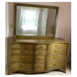 Drexel Curved Front 12 Drawer Champagne Triple Dresser with Mirror plus Matching Full Size Bed with Headboard & Footboard