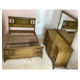 Drexel Curved Front 12 Drawer Champagne Triple Dresser with Mirror plus Matching Full Size Bed with Headboard & Footboard