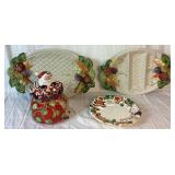 Fitz and Floyd Vegetable Garden Basket Relish Tray and Large Tray, Nutcracker Sweets Cookie Plate and Kringle Santa Claus Cookie Jar