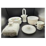 Vintage Milk Glass Collection includes 6 Hand Painted Pierced Plates and More