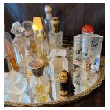 Large Collection of Vintage Perfume Bottles on Vanity Tray