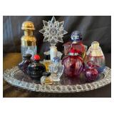 Large Collection of Vintage Perfume Bottles on Vanity Tray