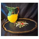 Vintage Olfaire Majolica-Style Ceramic Pitcher and Hand Painted Wooden Toleware Tray
