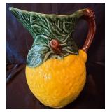 Vintage Olfaire Majolica-Style Ceramic Pitcher and Hand Painted Wooden Toleware Tray