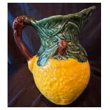 Vintage Olfaire Majolica-Style Ceramic Pitcher and Hand Painted Wooden Toleware Tray