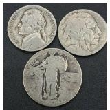 United States Coins - Standing Liberty Quarter, 1942 Jefferson Nickel, Buffalo Nickel and Four Bicentennial Kennedy Half Dollars