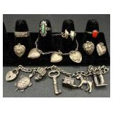 Sterling Silver .925 Rings, Charm Bracelets and 3 Charms