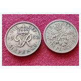 (2) Vintage UK 6 Pence Coins