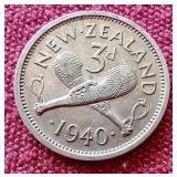 1940 New Zealand Silver 3 Pence Coin
