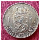 1964 Netherlands Silver 1 Gulden Coin