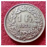 1939 Switzerland Silver 1 Franc Coin