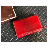 Coach Red Leather Wallet - Signature C Monogram, Card Slots, Zip Coin Pocket