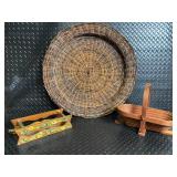 Vintage Round Wicker Basket & Floral Painted Wood Decor - 5-Piece Set